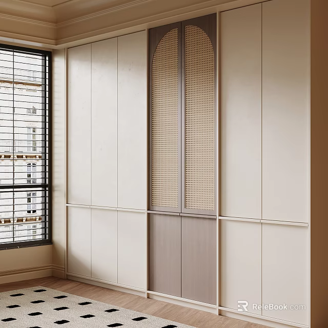 Modern Wardrobe Design With Rattan Panel And Light Colored Doors In Interior Space 3d model 