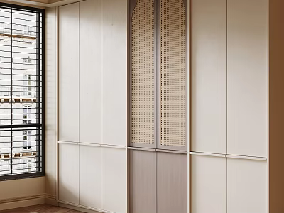 Modern Wardrobe Design With Rattan Panel And Light Colored Doors In Interior Space 3d model
