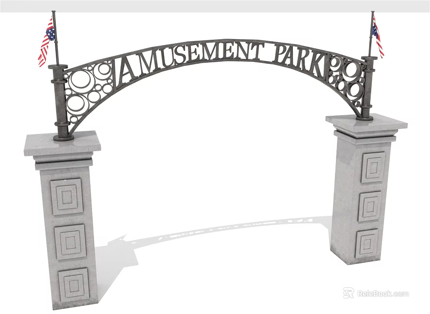 Arched Amusement Park Entrance Gate With Iron Design Circular Cutouts American Flags And Gray Columns 3d model 
