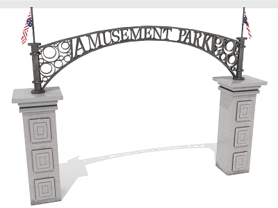 Arched Amusement Park Entrance Gate With Iron Design Circular Cutouts American Flags And Gray Columns 3d model