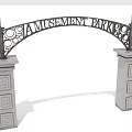 Arched Amusement Park Entrance Gate With Iron Design Circular Cutouts American Flags And Gray Columns