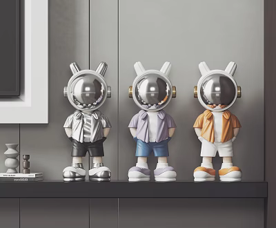 Three Rabbit Sculptures With Astronaut Helmets In Colorful Outfits On Shelf 3d model Three Rabbit Sculptures With Astronaut Helmets In Colorful Outfits On Shelf 3d model