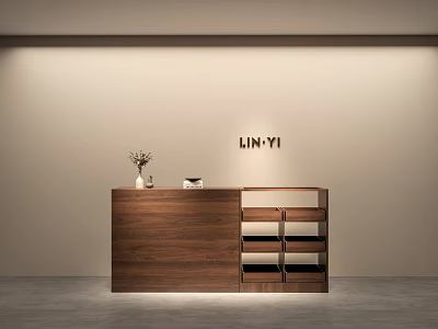 LIN-YI Clothing Store Reception Area With Wooden Desk Vase Light Wall And Gray Floor 3d model