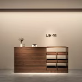 LIN-YI Clothing Store Reception Area With Wooden Desk Vase Light Wall And Gray Floor