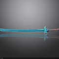Blue Glowing Sword With Decorative Multicolored Hilt And Reflective Surface