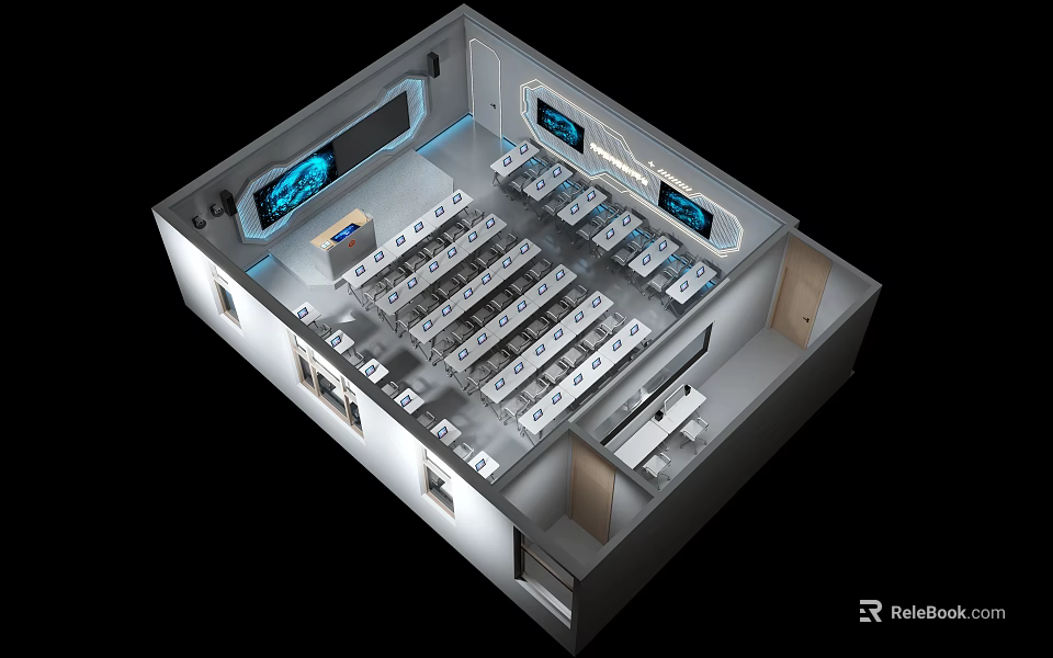Modern School Classroom Featuring Organized Student Seats Digital Screens And Teaching Equipment 3d model 