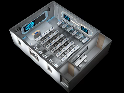 Modern School Classroom Featuring Organized Student Seats Digital Screens And Teaching Equipment 3d model