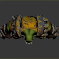 Green Skinned Fantasy Orc Warrior In Spiked Armor With Orange Details