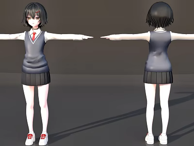 Woman 3D Model Wearing Gray Vest Black Pleated Skirt Red Tie White Socks Red Shoes 3d model