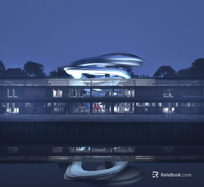 Modern Museum Building With Streamlined Design Night Lighting And Water Reflection 3d model 
