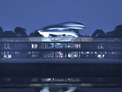 Modern Museum Building With Streamlined Design Night Lighting And Water Reflection 3d model