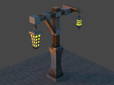 Wooden And Stone Street Lamp With Two Yellow Lit Lanterns On Brick Pavement 3d model