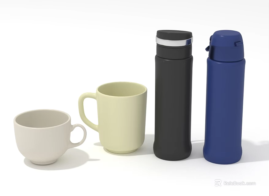 Everyday Household Essentials Including White Beige Mugs And Black Blue Thermos Flasks 3d model 