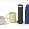 Everyday Household Essentials Including White Beige Mugs And Black Blue Thermos Flasks
