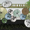 Window Display with Bamboo Frame Various Decorative Umbrellas Bamboo Patterns and Green Plants 3d model