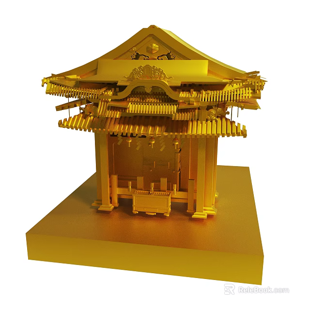 Golden Traditional Architectural Model With Multi Tiered Roof And Decorative Details On Base Stand 3d model 