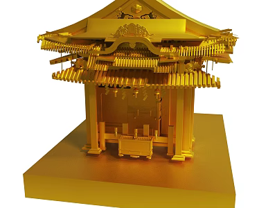 Golden Traditional Architectural Model With Multi Tiered Roof And Decorative Details On Base Stand 3d model