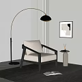 Beige Cushioned Leisure Chair With Black Wooden Frame Arched Floor Lamp And Abstract Wall Art