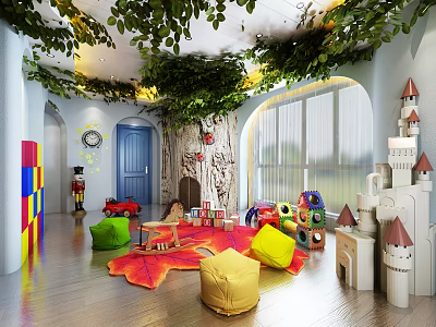 Kids' Entertainment Room With Green Vines Tree Stump Colorful Bean Bags Building Block Castle 3d model