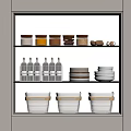 Kitchen Cabinet Storage With Various Colored Spice Jars Transparent Bottles Plates And Lidded Containers