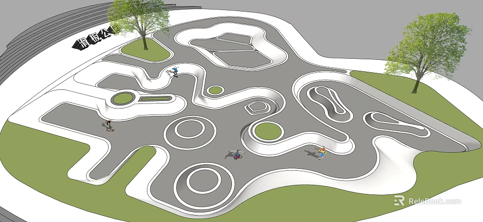 Public Park Playground Design With Winding Paths Circular Areas Green Spaces Trees And People Playing 3d model 