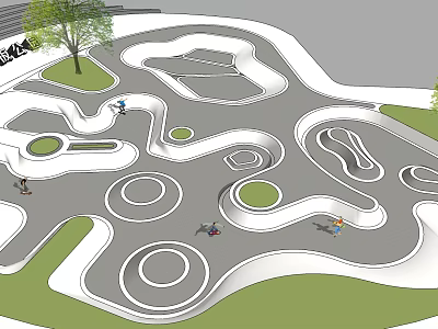 Public Park Playground Design With Winding Paths Circular Areas Green Spaces Trees And People Playing 3d model