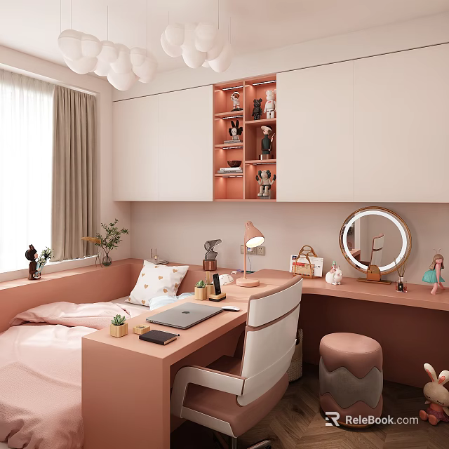 Pink Tatami Bedroom Interior With Desk Table Lamp Round Mirror And Storage Cabinets 3d model 