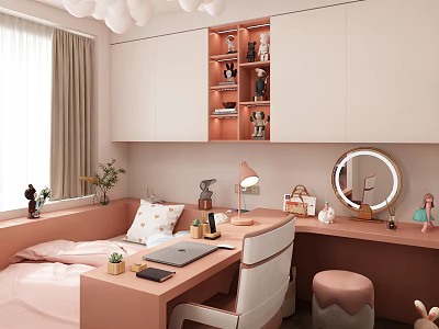 Pink Tatami Bedroom Interior With Desk Table Lamp Round Mirror And Storage Cabinets 3d model