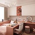 Pink Tatami Bedroom Interior With Desk Table Lamp Round Mirror And Storage Cabinets