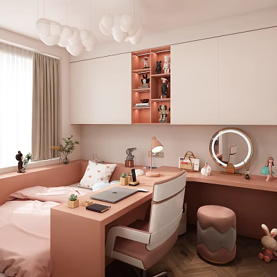 Pink Tatami Bedroom Interior With Desk Table Lamp Round Mirror And Storage Cabinets 3d model