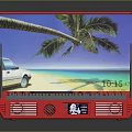 Red Portable Electronic Device With Screen Showing Beach Scene Palm Tree Car And Keyboard