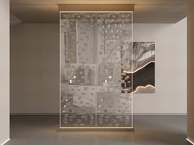 Modern Room Divider with Patterned Glass Panels in Contemporary Interior Space and Soft Lighting 3d model