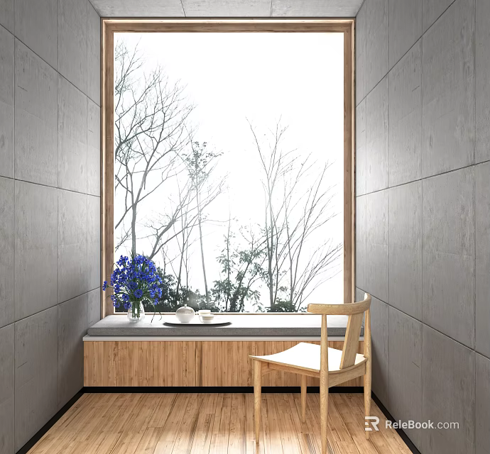 Bay Window Area With Wooden Windowsill Blue Flowers Tea Set Wooden Chair And Tree Branches Outside 3d model 
