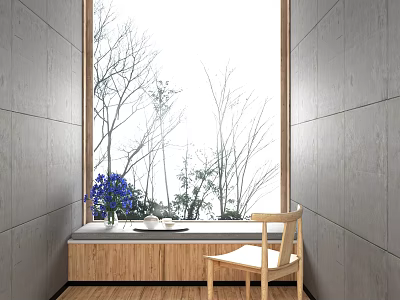 Bay Window Area With Wooden Windowsill Blue Flowers Tea Set Wooden Chair And Tree Branches Outside 3d model