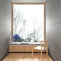 Bay Window Area With Wooden Windowsill Blue Flowers Tea Set Wooden Chair And Tree Branches Outside