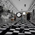 Artistic Interior Space With Black And White Checkerboard Floor Geometric Ceiling And Clock Decorations