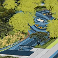 Outdoor Garden Landscape Design With Children's Playground Blue Ground Climbing Nets And Trees