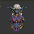 Blue Skinned White Haired Female Game Character With Pointed Ears And Red Gold Armor