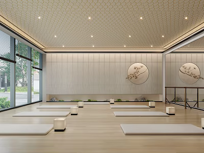 Serene Yoga Fitness Studio With Wooden Floors Natural Light And Circular Decorations 3d model