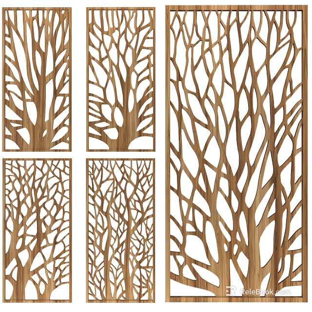 Wooden Room Divider With Tree Branch Pattern For Interior Decoration 3d model 