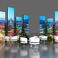Modern Computer Monitors Displaying City Night View With White Chairs And Reflective Floor