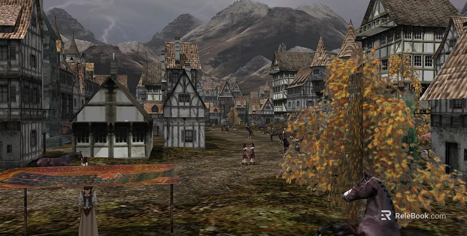 Cartoon Medieval Town Scene With Pointed Roof Houses Mountain Background Autumn Trees Horses And Pedestrians 3d model 