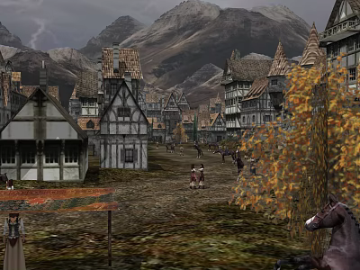 Cartoon Medieval Town Scene With Pointed Roof Houses Mountain Background Autumn Trees Horses And Pedestrians 3d model
