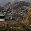 Cartoon Medieval Town Scene With Pointed Roof Houses Mountain Background Autumn Trees Horses And Pedestrians