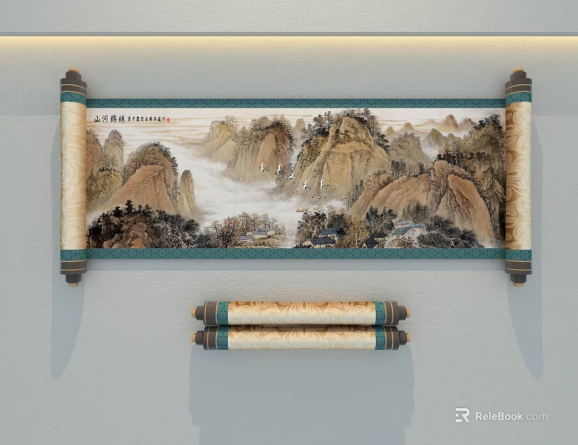 Traditional Chinese Scroll Painting With Landscape Mountains Clouds And Trees Wall Hanging 3d model 