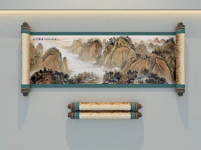 Traditional Chinese Scroll Painting With Landscape Mountains Clouds And Trees Wall Hanging 3d model