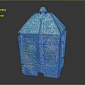 Ancient Bronze Vessel With Turquoise Blue Patina Roof Shaped Lid And Intricate Patterns