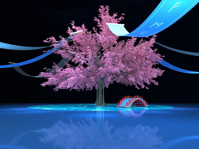 Pink Blossom Tree with Blue Ribbons Red Bridge and Reflections on Blue Surface 3d model