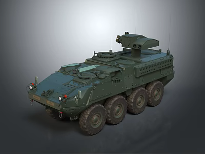 Modern Dark Green Six Wheeled Military Tank With Turret And Equipment 3d model