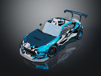Sporty Racing Car With Blue White Black Graphic Design And Rear Wing 3d model